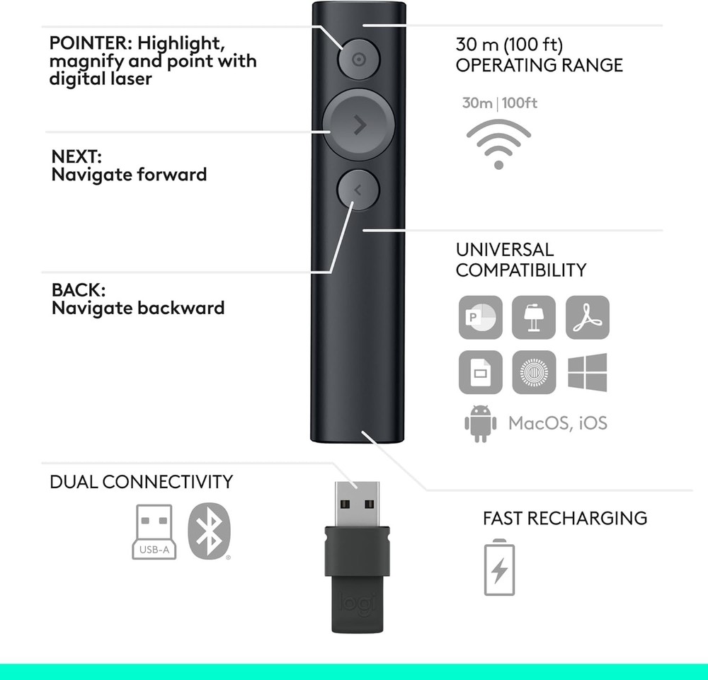 Logitech Spotlight Presentation Remote - 30m Bluetooth Clicker with Highlighting