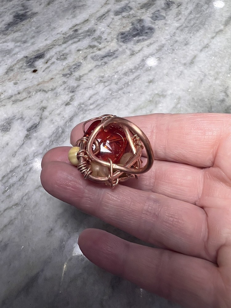 Artisan Hand Made Copper Ring With Amber, Size 6.5