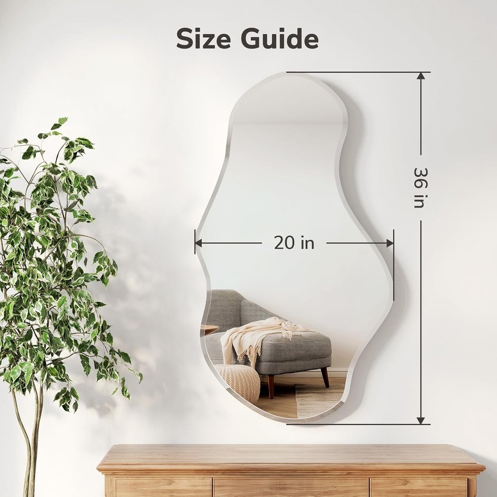 USHOWER Irregular Wall Mirror 20x36" Frameless Wavy Beveled Decorative Mirror