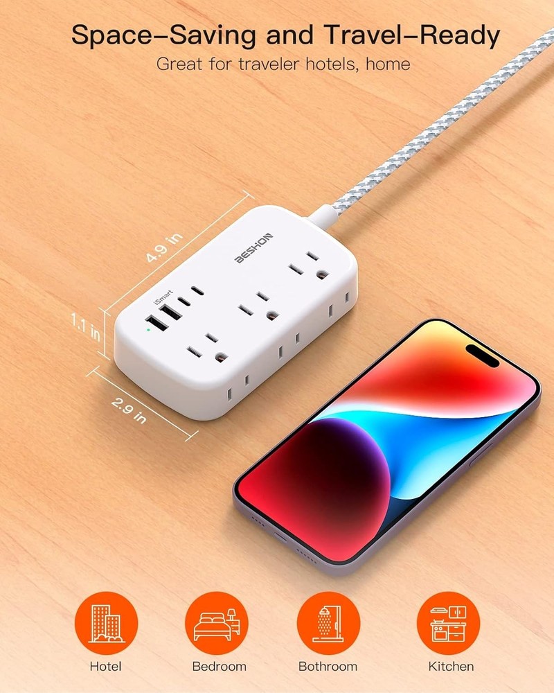 25ft Extension Cord with Flat Plug & USB Ports