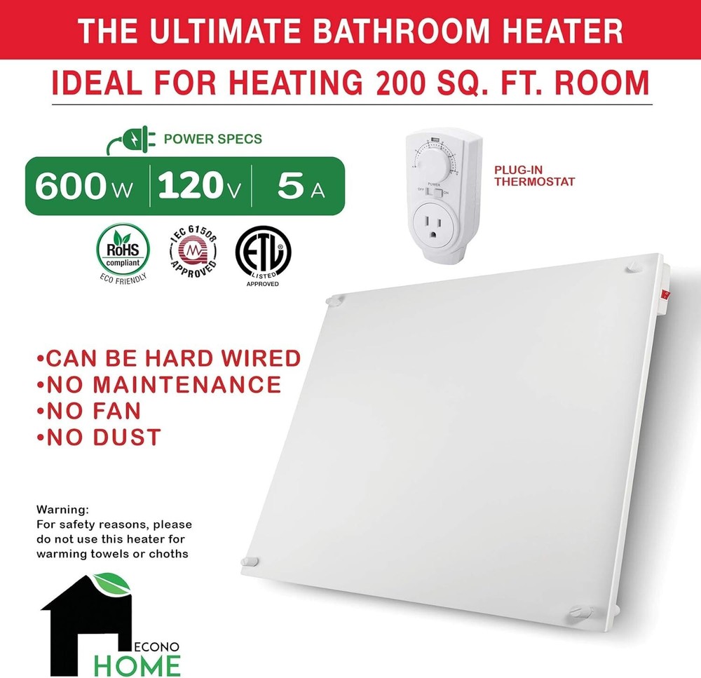 EconoHome Wall Mount Space Heater Panel - with Thermostat - 600 Watt