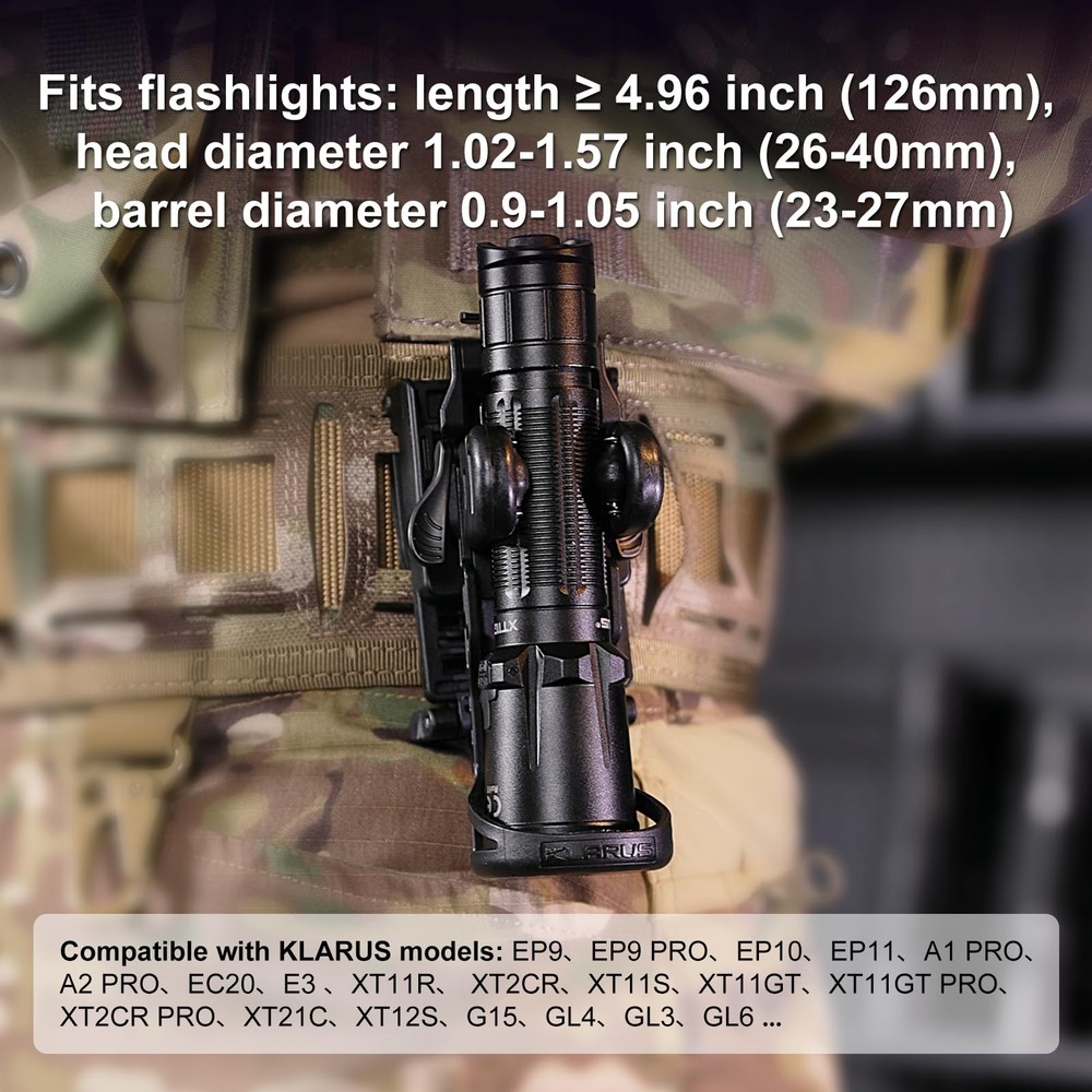 Klarus AH3 Upgraded Flashlight Holster: 360° Rotation, 1-Second Black