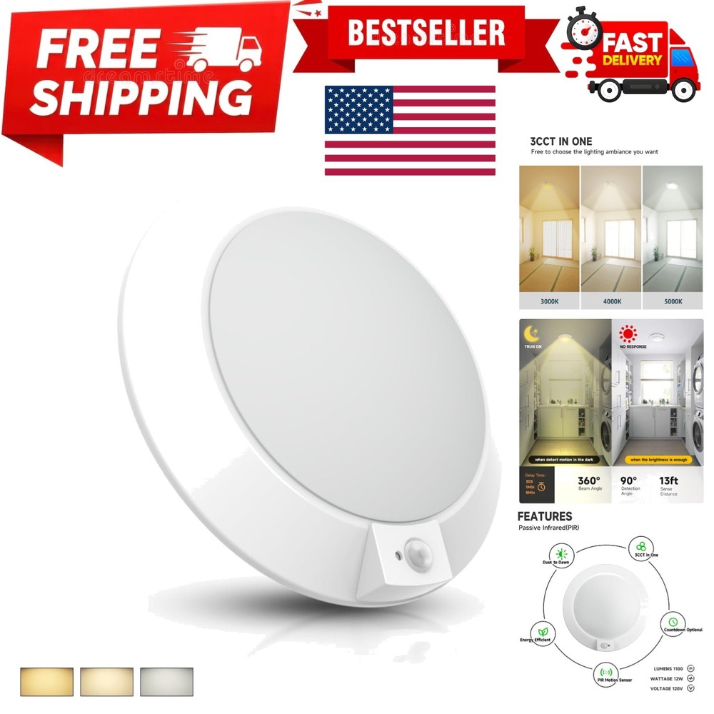 LED Motion Sensor Ceiling Light, 3000K/4000K/5000K Selectable LED Flush Mount...