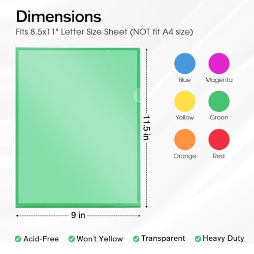 Clear Plastic Folders Sleeves Pack, 6 Assorted Colors, Documents Project 12