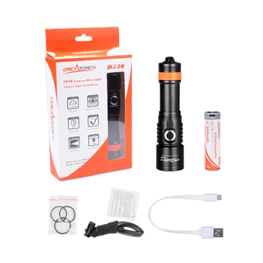 Orcatorch D530 1300 Lumens Cold White Dive Light with SH01 Snap Hook