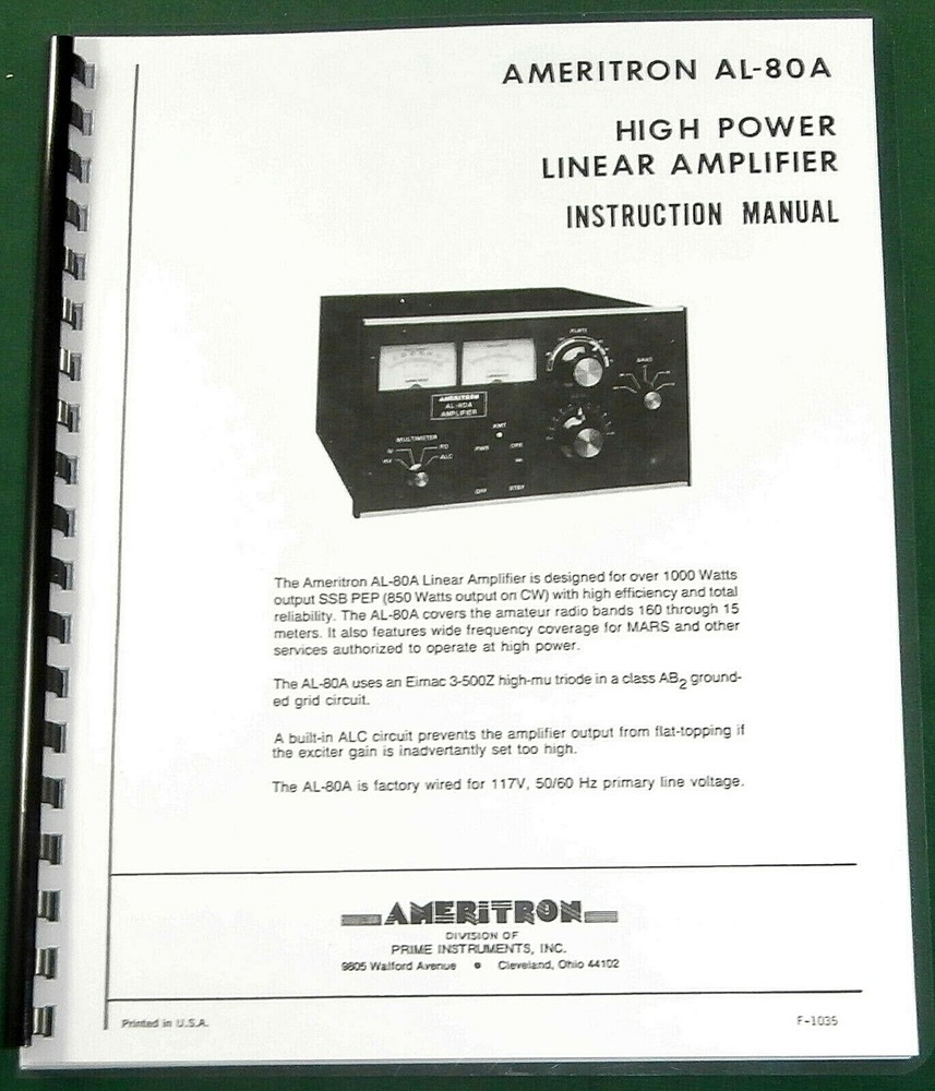 Ameritron AL-80A Instruction Manual - ring bound with protective covers!