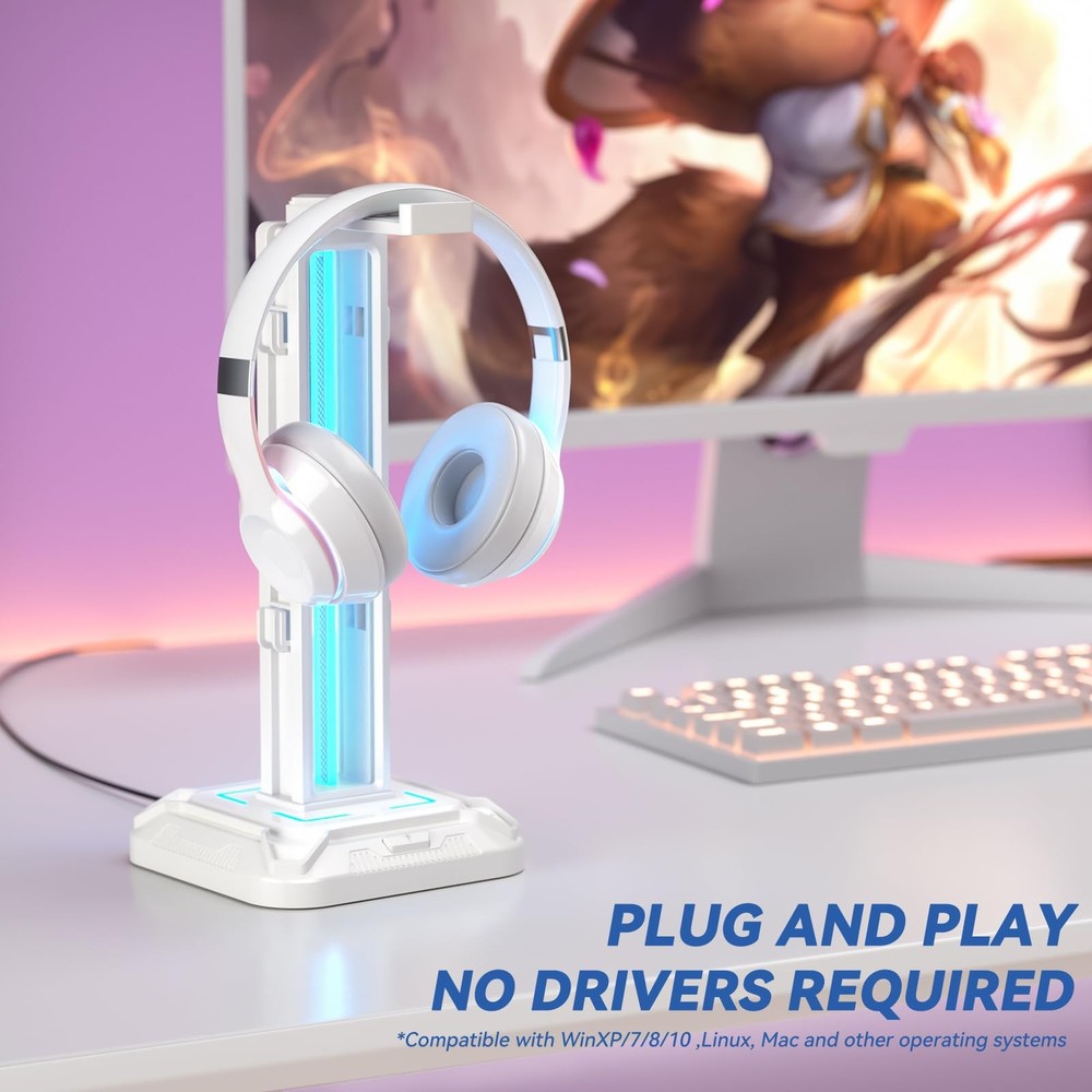 RGB Headset Stand with 9 Light Modes - Controller Holder for Desk - Rotatable...