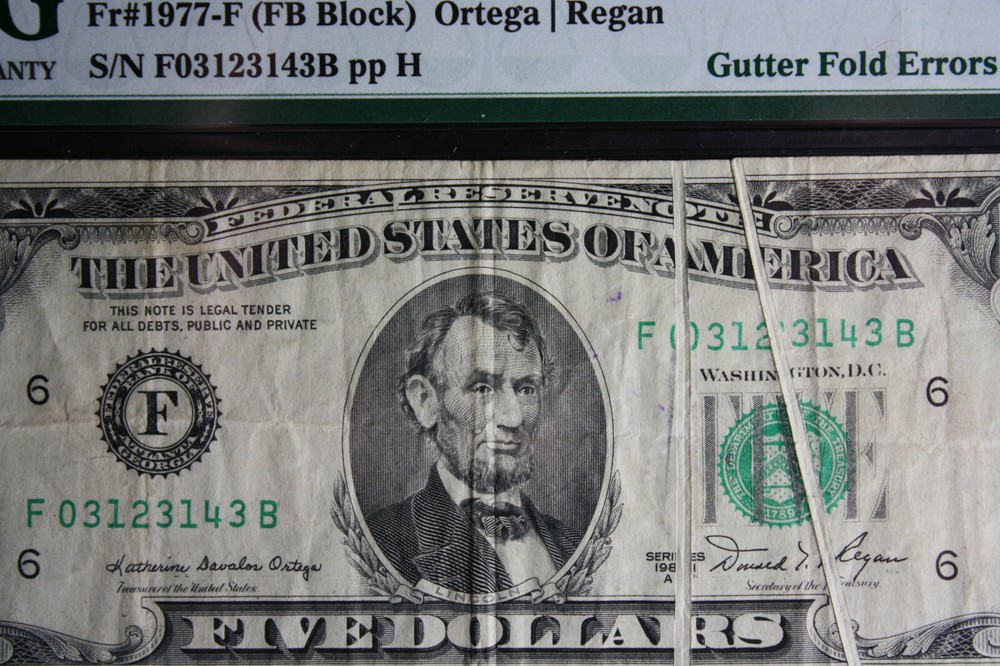 1981A $5 Dollar Bill Dual Gutter Fold Error PMG VF30. LOOK***