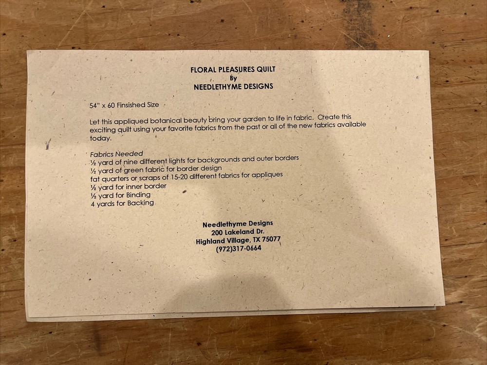 Needlethyme Designs Floral Pleasures Quilt Pattern