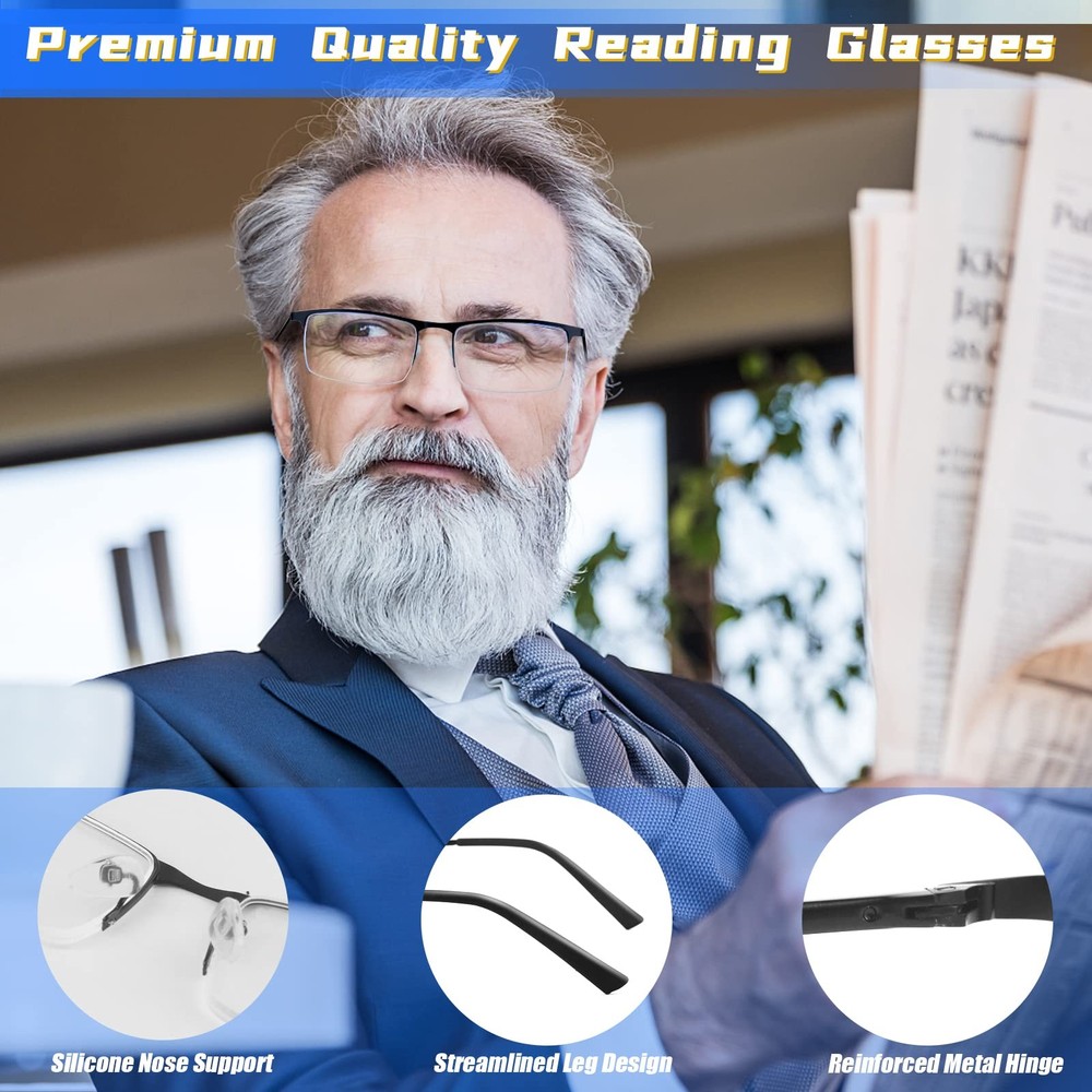 3 Pack Blue Light Blocking Reading Glasses for Men, Stylish Half Frame Metal ...