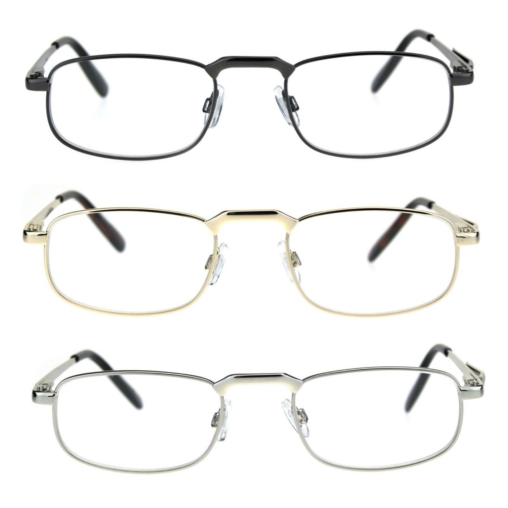 Mens Pocket Clip Arm Spring Hinge Rectangular Metal Rim Reading Glasses