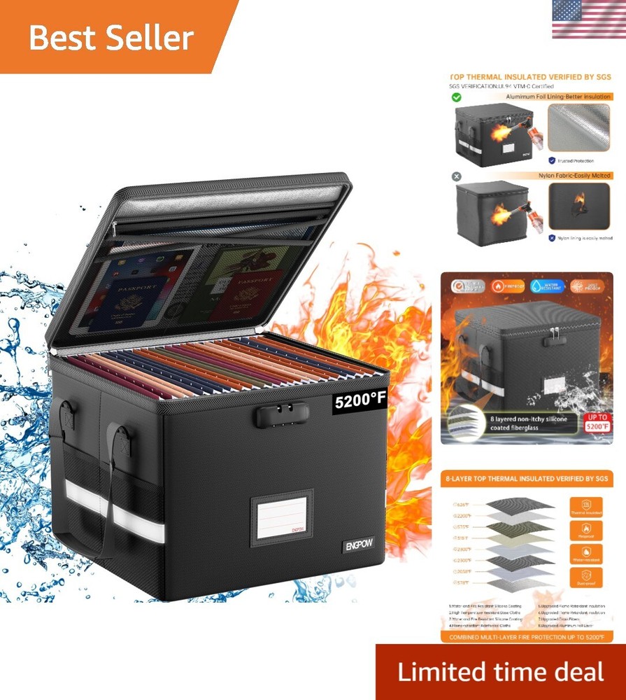 Lockable Fireproof File Box with Mesh Pockets - Protect Documents & Valuables