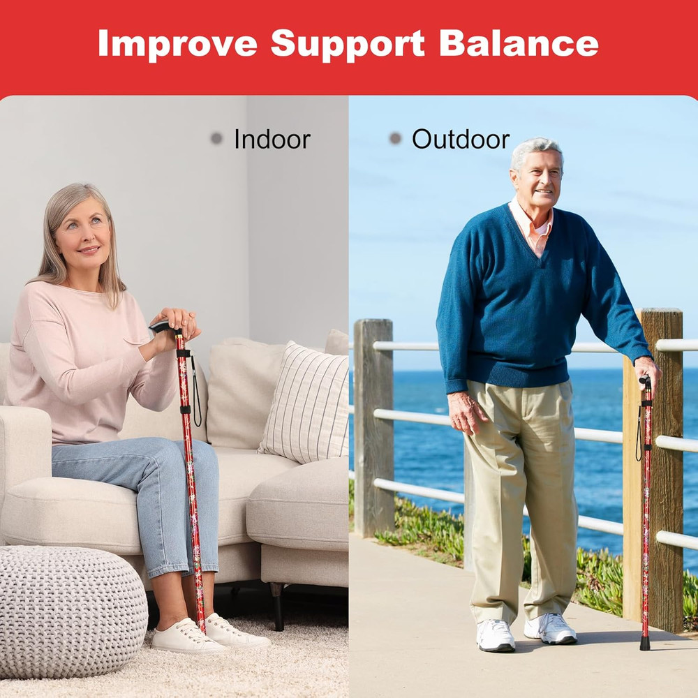 Folding Cane, Portable 5-Level Adjustable Height Walking Stick with Foldable Des