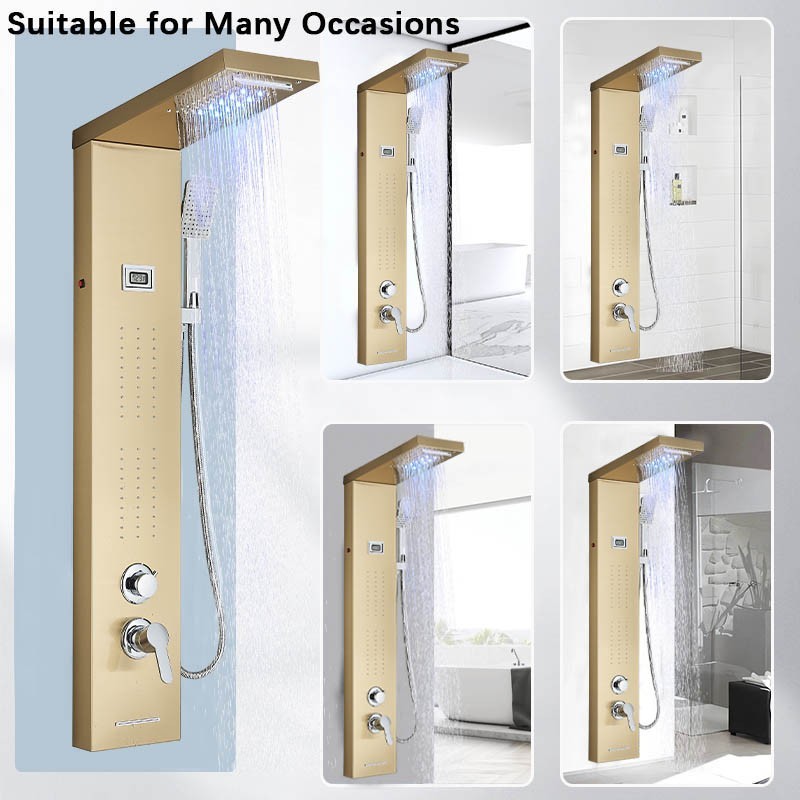 Brushed Gold LED Shower Panel Tower System Rain Waterfall Head Massage Jet Mixer