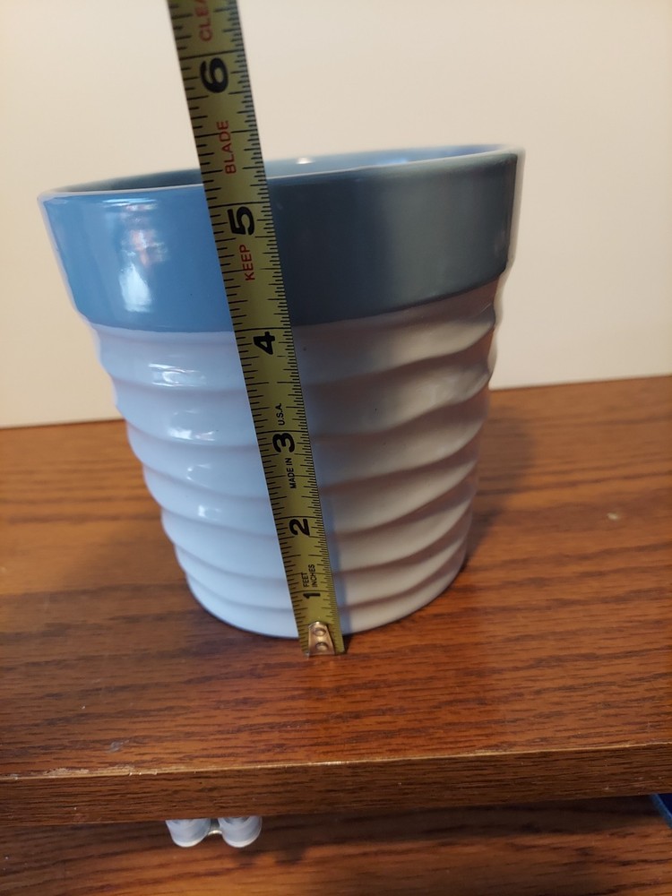 Blue Rimmed White Ribbed Medium Size Ceramic Pot