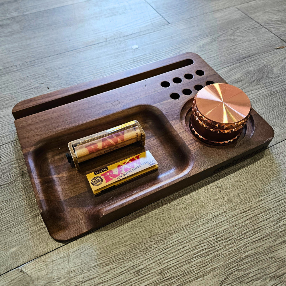 Premium Walnut Rolling Tray Kit – Grinder, Roller & Papers Combo