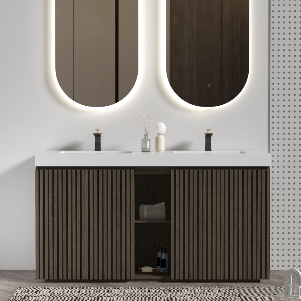 GALAN Winston Walnut Bathroom Vanity, Large Storage Freestanding Bathroom Vanity