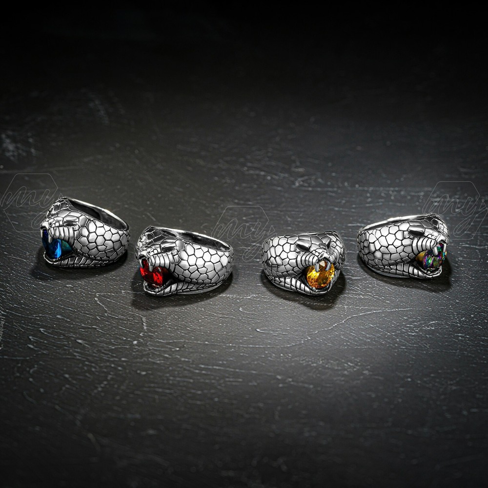 Solid 925 Sterling Silver Citrine Stone 3D Snake Design Men's Ring