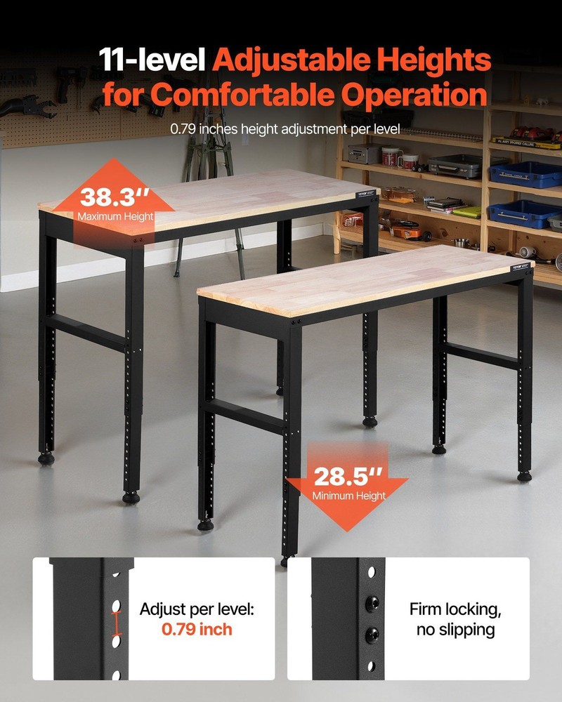 2000lb Capacity Workshop Bench 48x20in 11-Level Height 4AC 2USB