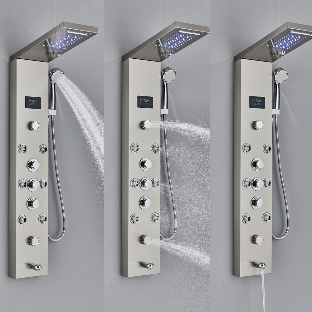 Rain&Waterfall Shower Panel Tower System Stainless Steel 6-Function LED Massage