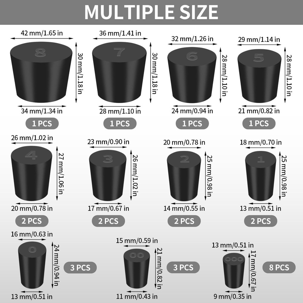 26 Pack Solid Rubber Stoppers - 11 Assorted Sizes Stopper Plugs, 000# - Black