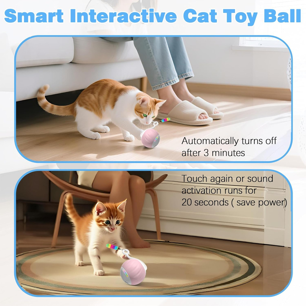 Interactive Cat Toy with LED Lights & Feathers - 2 Speed Motion Ball