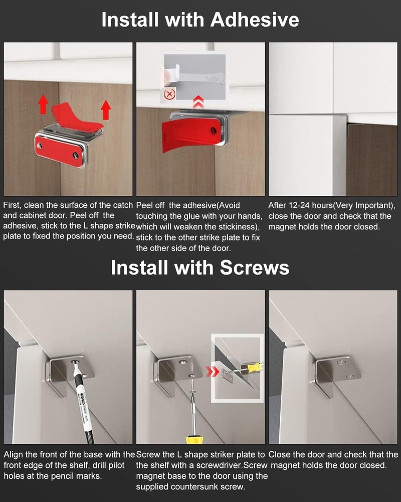 Ultra-Thin Magnetic Cabinet Catches - 4 Pack L-Shaped Adhesive Closing System