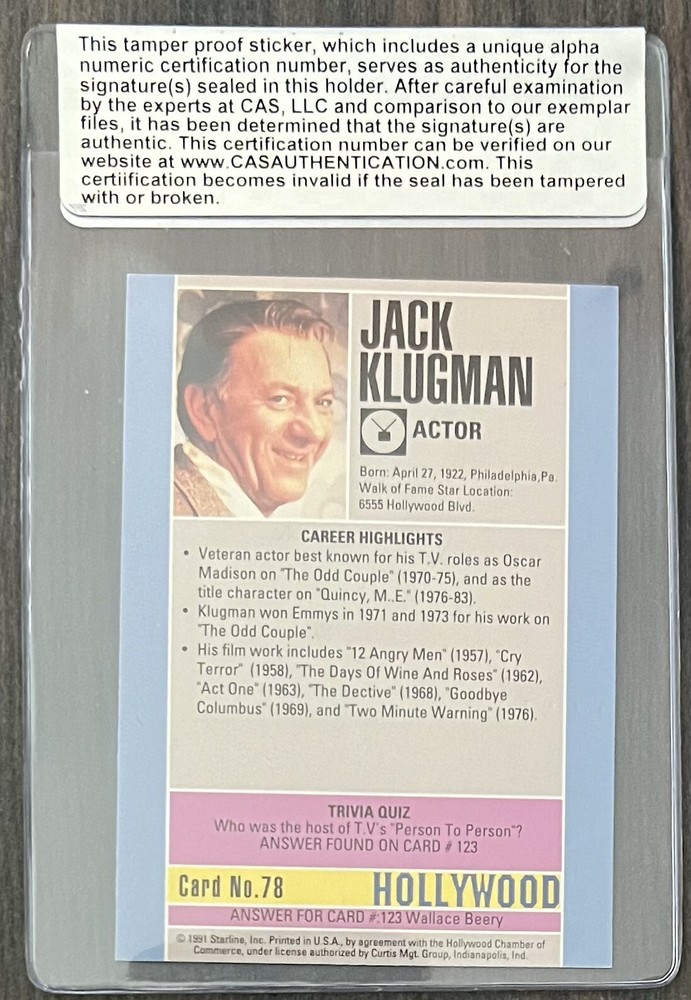 Jack Klugman Autographed Card (Certified Authentic)