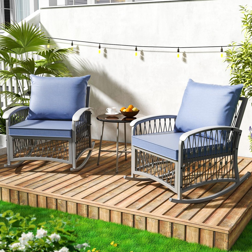 ZZWHOM 3 PC PATIO BISTRO SET WITH GLASS TABLE MODERN BRAID DESIGN - BLUE