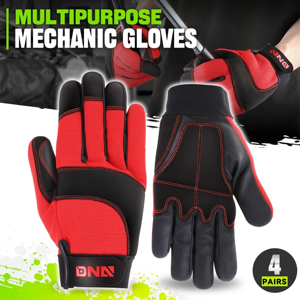 4 Pair Red/Black Breathable Multi-Purpose Utility Mechanic Protective Work Glove