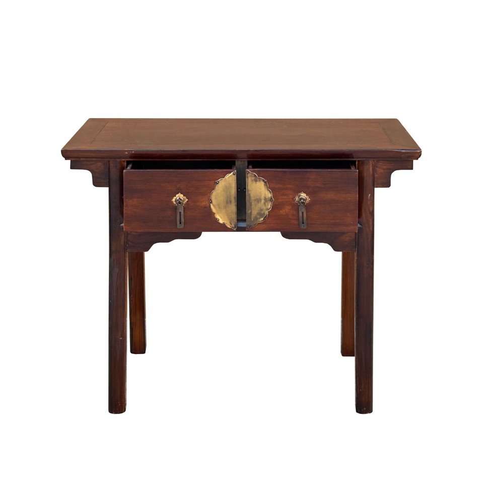 Vintage Brown Ancient Hardware 2 Drawers Console Altar Table GB113