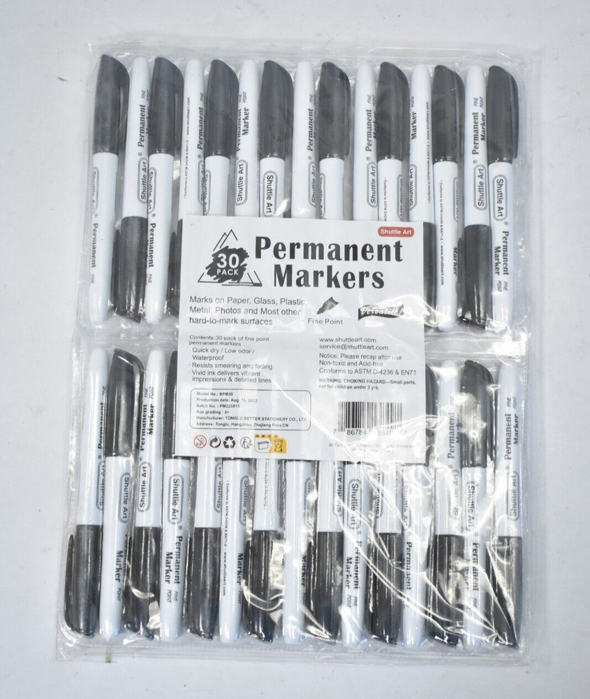 Shuttle Art Permanent Markers Set 30 Pack Black Fine Point Versatile BPM30