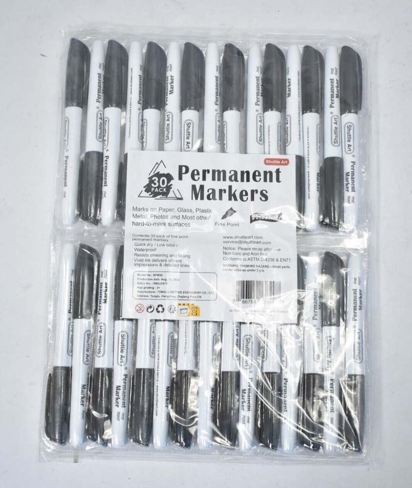 Shuttle Art Permanent Markers Set 30 Pack Black Fine Point Versatile BPM30