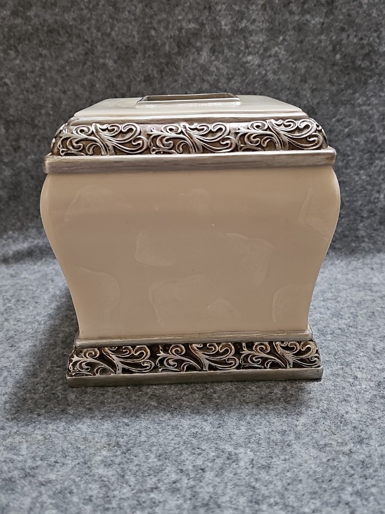 Decorative Tissue Box Cover Cream Ivory Silver Scroll Bathroom Vanity Square