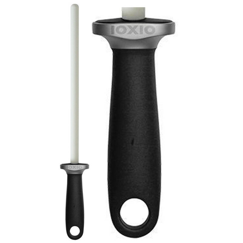 IOXIO White Knife Sharpener Ceramic Rod 10" Black Synthetic Handle Keyring.