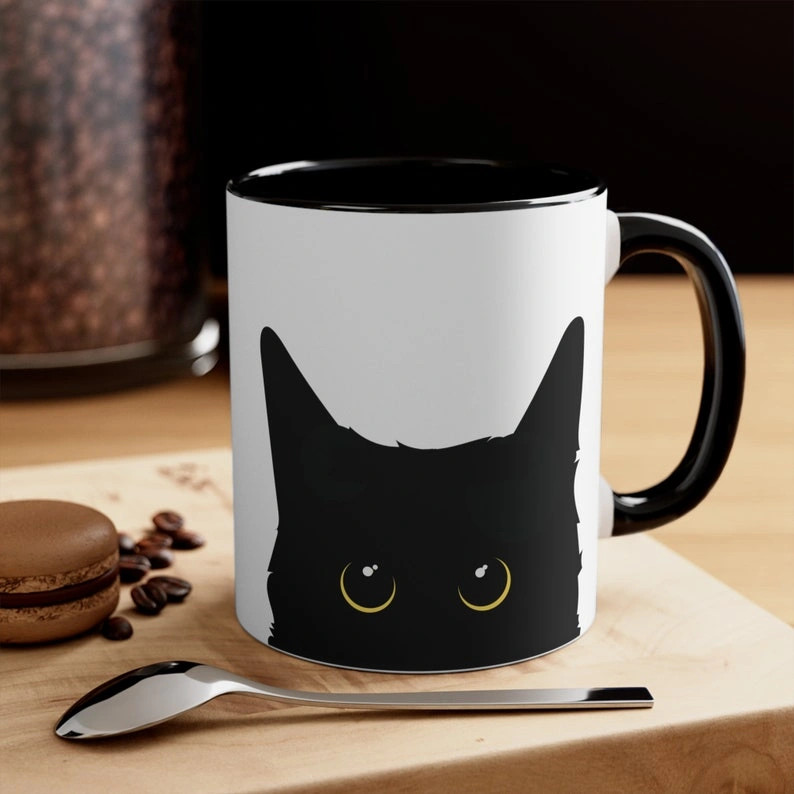 Black Cat Coffee Mug, Two Tone Ceramic Cat Lover Gift