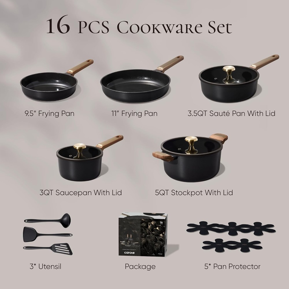 Charcoal Black 16-Piece Nonstick Ceramic Cookware Set Induction Safe
