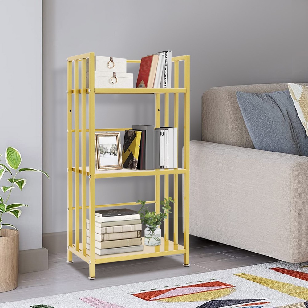 Open Shelf Bookcase, 3-Tier Display Rack, Gold, Baking Paint, Floor Mount