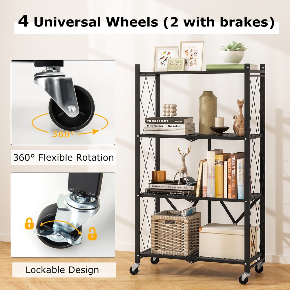 4-tier Foldable Storage Shelving Unit w/4 Universal Wheels for Kitchen Study
