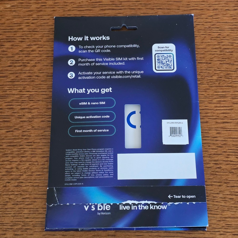 Try Visible by Verizon SIM Card Kit 35$ Unlimited Data Talk Text, Pkg Opened