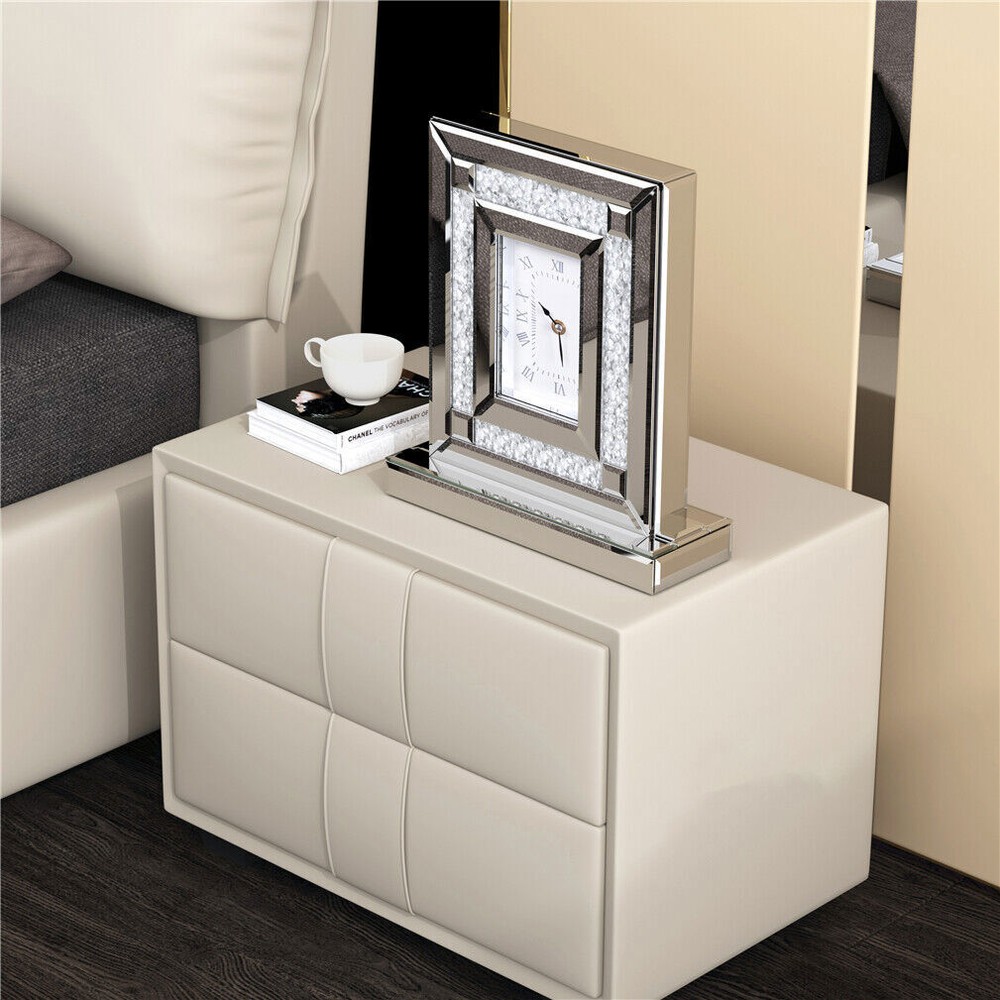 Silver Crushed Diamond Clock Mirrored Table Desk Clock fr Home Office Decorative