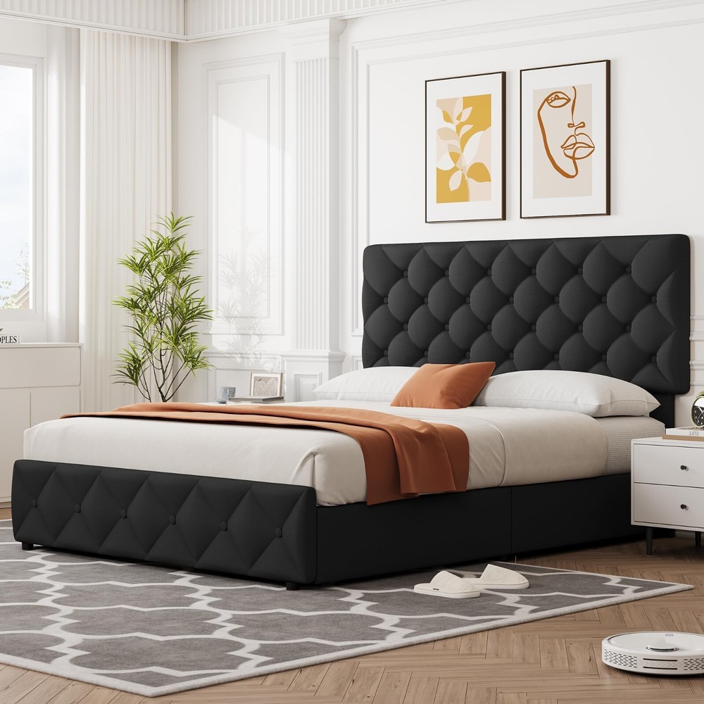 Full Queen King Size Linen Upholstered Platform Bed Frame with 4 Storage Drawers
