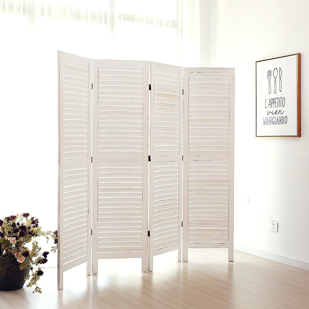 MyGift Whitewashed Wood 4 Panel Screen, Folding Louvered Room Divider