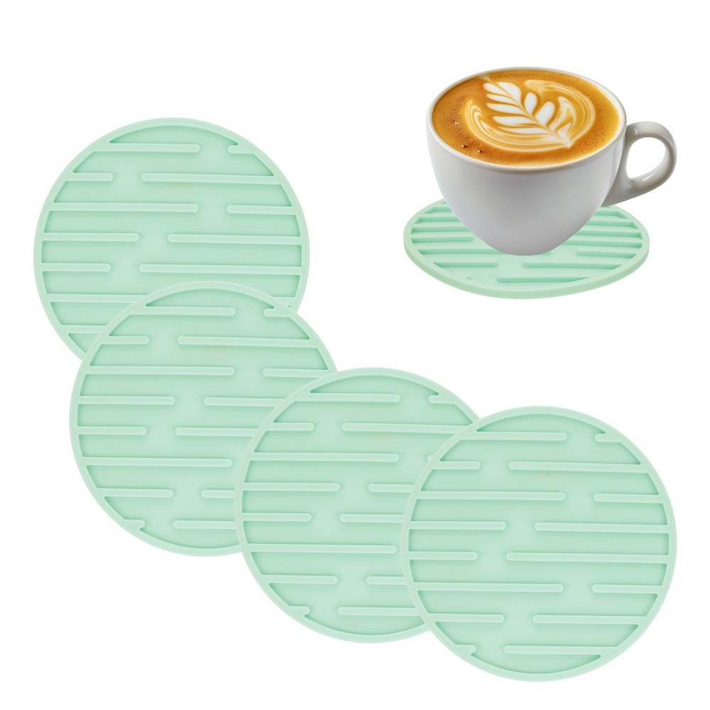 4pcs Silicone Coasters for Drinks, Round Cup Coasters Line Pattern Green