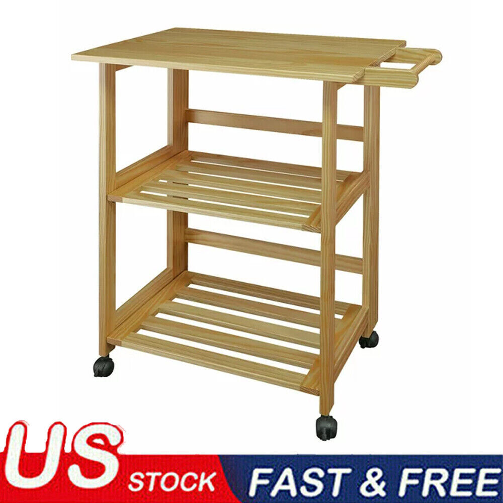 3-Tier Kitchen Cart Bar Serving Trolley Wooden Foldable W/ Lockable Casters Hot
