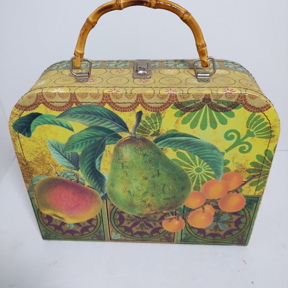 Decorative Fruit Storage Box With Metal Clasp Bamboo Handle Pear Apple Green 10"