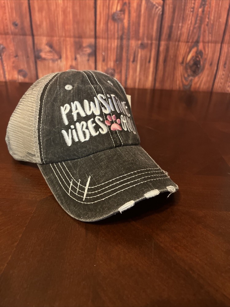 Women Pawsitive Vibes Only Baseball Cap, Washed Adjustable Distressed