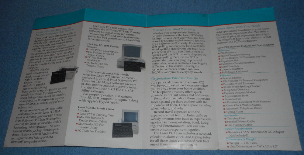 1989 Laser PC3 Portable Computer Advertising Fold-Out Brochure Specifications
