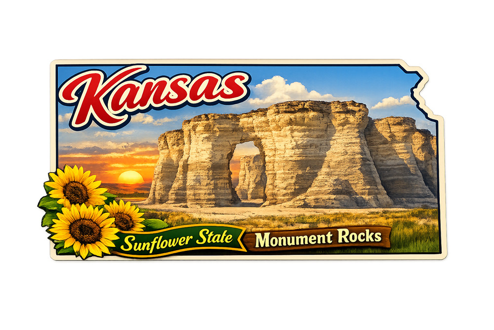 Kansas Custom State Sticker "Sunflower State" Monument Rocks
