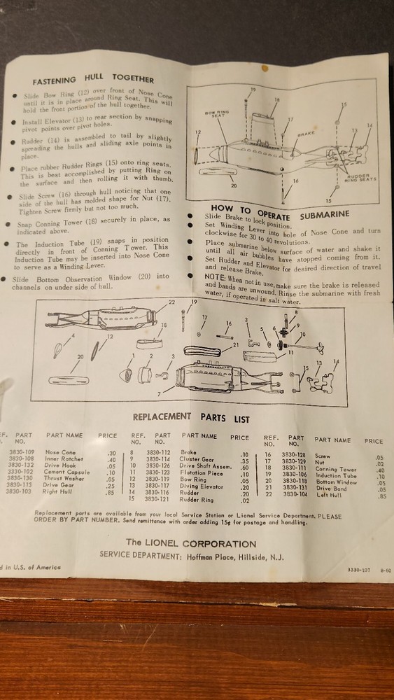 Lionel Instruction Sheet 3330-107 8-60 COMMANDO SUBMARINE